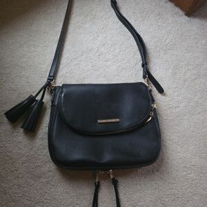 Poppy & Peonies Black Crossbody Bag with Tassels